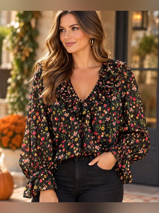 J. Crew Tops - J.Crew Black Floral Gold Metallic Ruffle Blouse Large Romantic Holiday Party Top